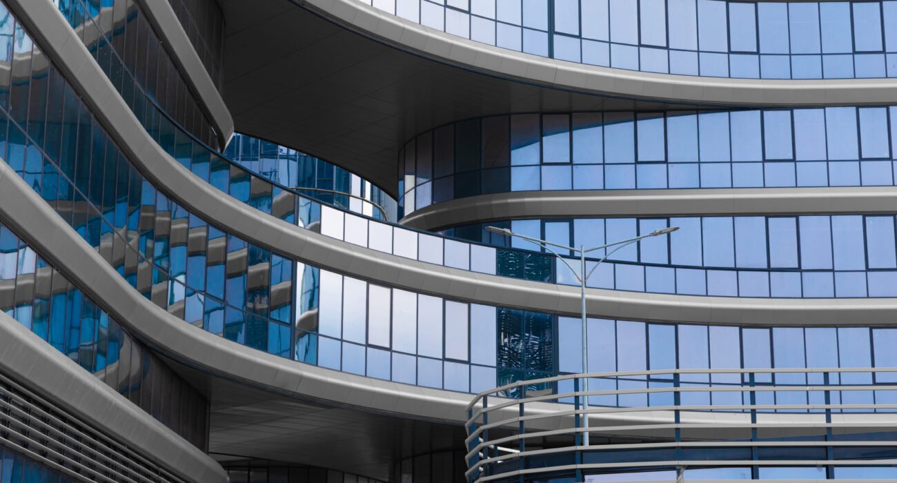 stylish office building, blue glass and aluminum