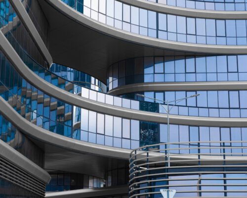 stylish office building, blue glass and aluminum